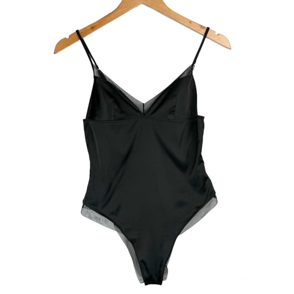 NWT ZARA Black Satin Teddy Mesh Trim Bodysuit Sz Small Lingerie Sexy